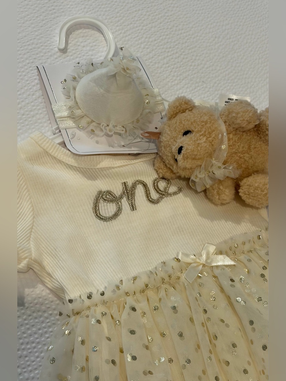 Cream 'One' Tulle Baby Dress with Teddy - Picture 3 of 7